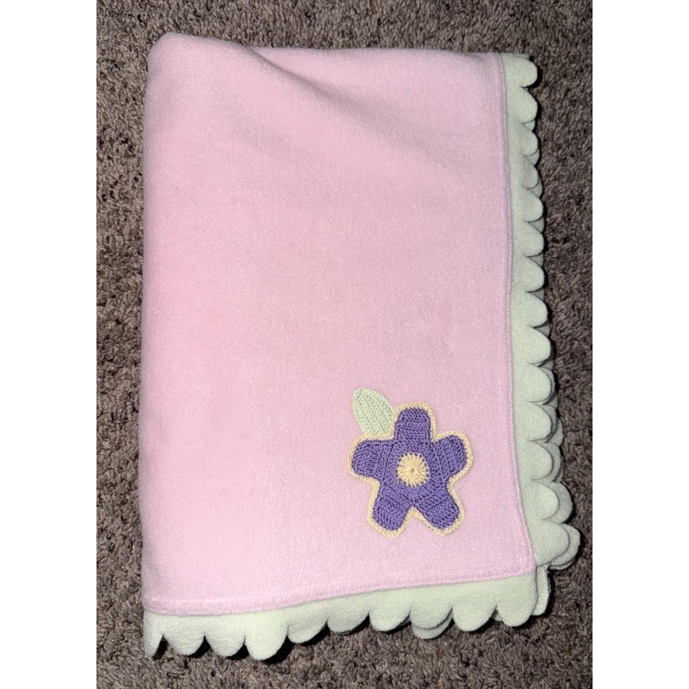 Carter's Baby Pink Blanket Green‎ Scalloped Trim Purple Flower Rare